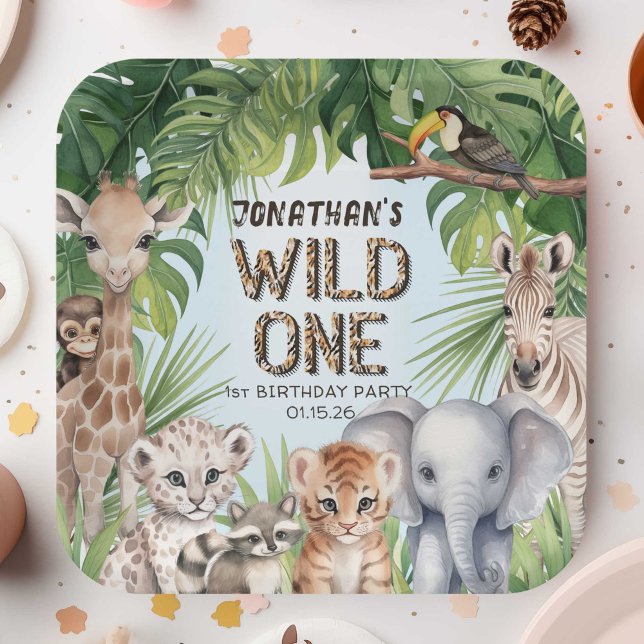 Plato De Papel Animales de safari de la jungla salvajes un primer (WIld one, Square birthday paper plate)