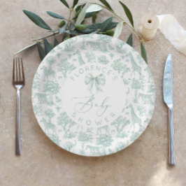 Plato De Papel Animales de Safari Ducha Verde Toile Bebé