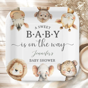 Plato De Papel Animales de Safari para Baby Shower Jungla Neutral