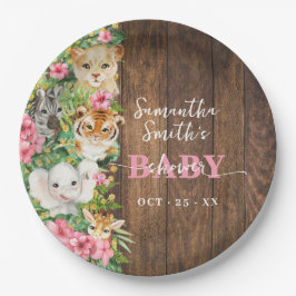 Plato De Papel Animales de Safari Rosa Baby Shower Rústica
