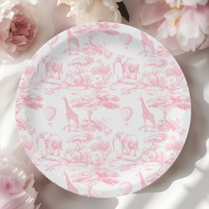 Plato De Papel Animales de Safari Rosa Toile de Jouy Baby shower