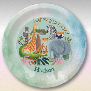 Plato De Papel Animales de safari selva cumpleaños acuarela