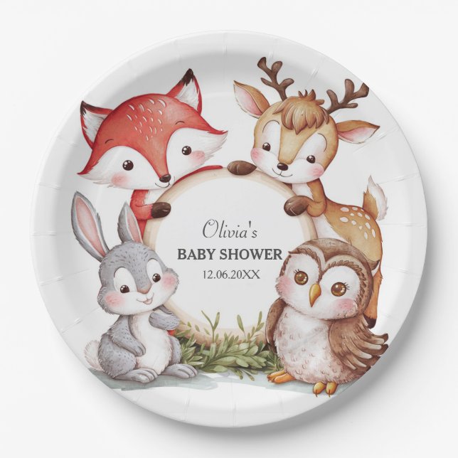 Plato De Papel Animales de Woodland adoran Baby Shower (Anverso)