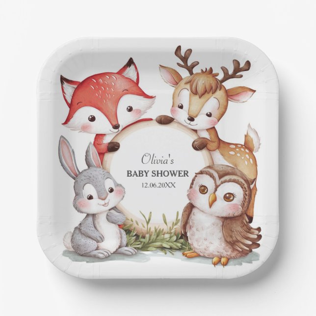 Plato De Papel Animales de Woodland adoran Baby Shower (Anverso)