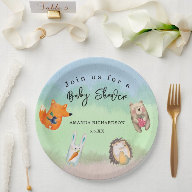 Plato De Papel Animales de Woodland Baby Shower (Boda)