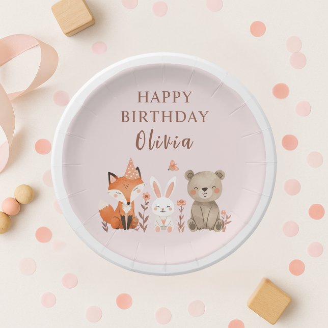 Plato De Papel Animales de Woodland Cumpleaños Rosa (Subido por el creador)