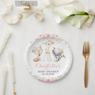 Plato De Papel Animales de Woodland, Flores rosadas, Baby Shower