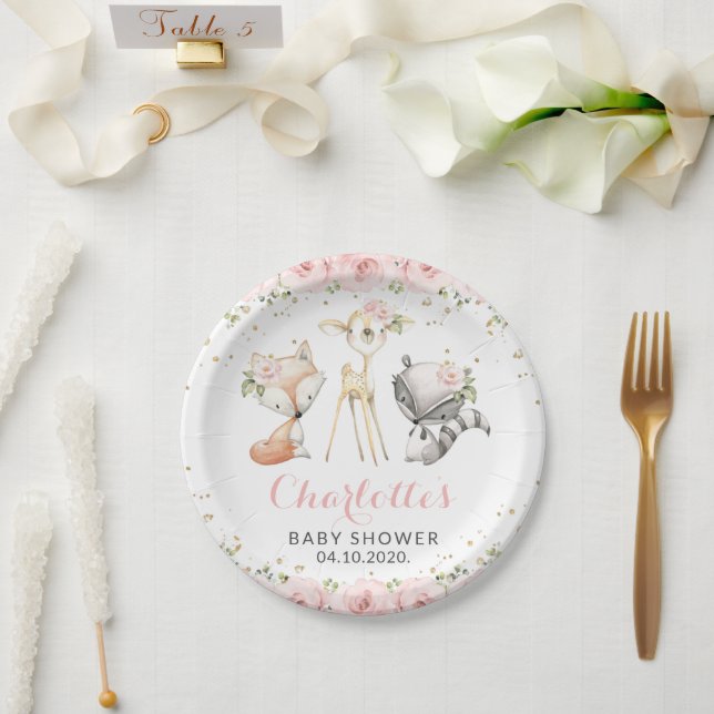 Plato De Papel Animales de Woodland, Flores rosadas, Baby Shower (Boda)