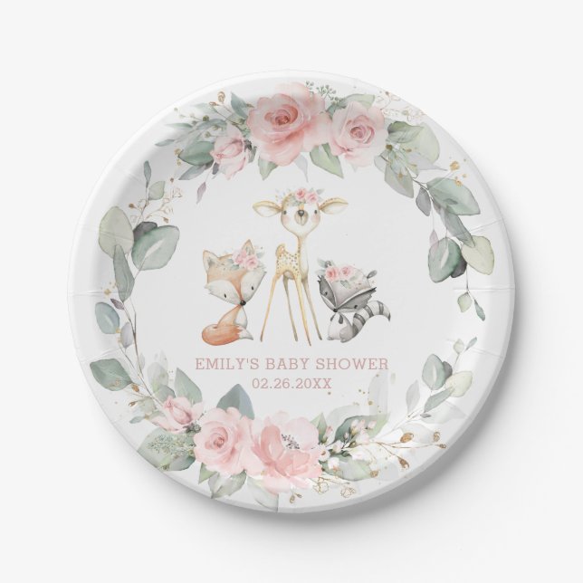 Plato De Papel Animales de Woodland singulares Baby Shower con fl (Anverso)