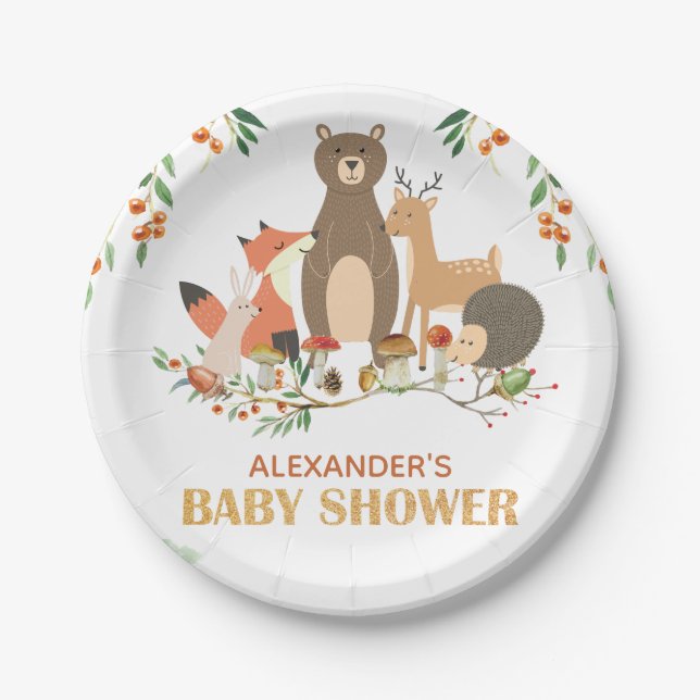 Plato De Papel Animales del bosque Baby Shower Woodland (Anverso)