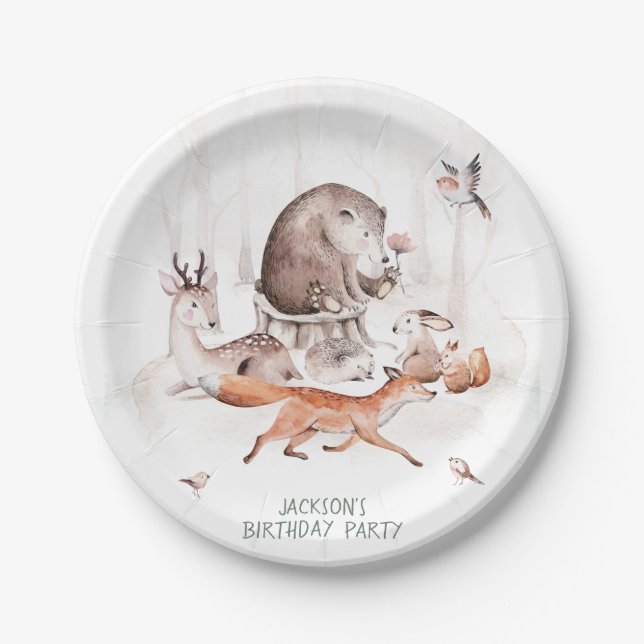 Plato De Papel Animales del bosque de Woodland Cumpleaños o Baby  (Anverso)