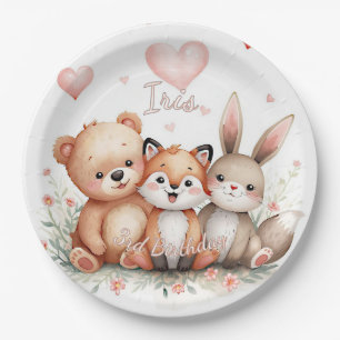 Plato De Papel Animales del Bosque Fiesta Corazones Pastel Rosa F