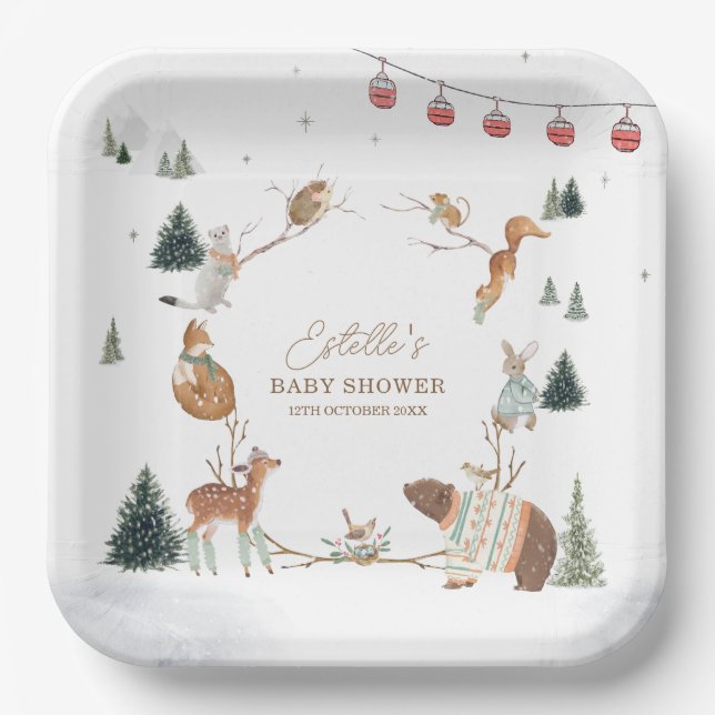 Plato De Papel Animales del bosque invernal Baby Shower (Anverso)