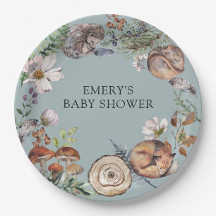 Plato De Papel Animales del Bosque Polvoriento Azul Baby Shower