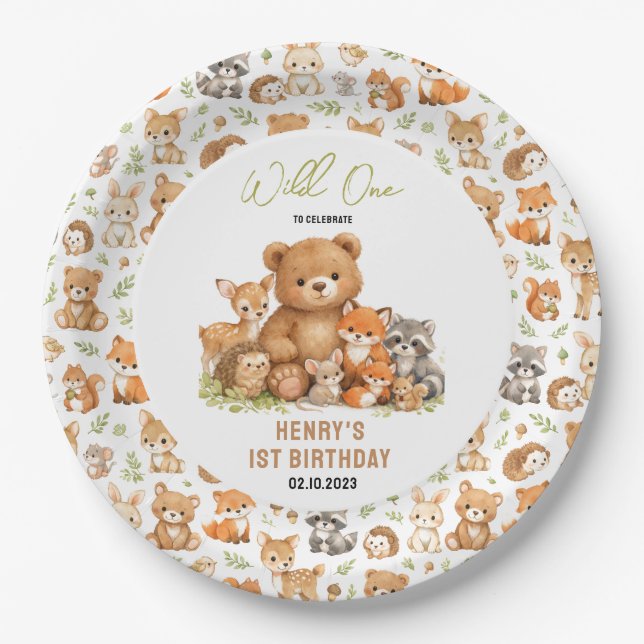 Plato De Papel Animales del bosque salvaje cumpleaños primero (Anverso)