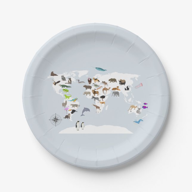 Plato De Papel Animales del Mapa Mundial de Niños (Anverso)