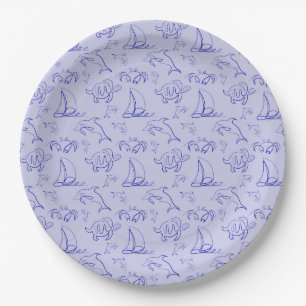 Plato De Papel Animales marinos y patrón de dibujo de una línea