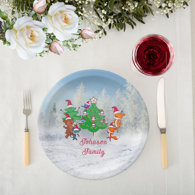 Plato De Papel Animales personalizados bailando alrededor del árb (Cartoon Animals Dancing Around the Christmas Tree Paper Plates)