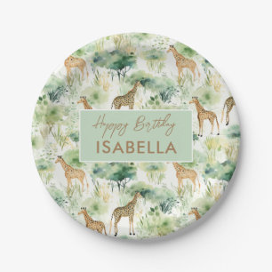 Plato De Papel Animales Safari - jirafas color de agua beige verd