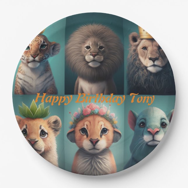 Plato De Papel Animales salvajes con coronas azules (Anverso)