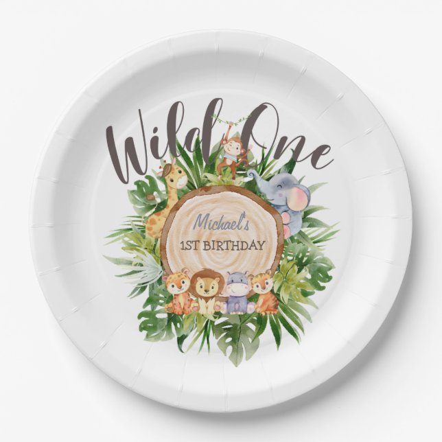Plato De Papel Animales Salvajes Cumpleaños de Madera (Anverso)