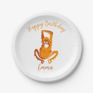 Plato De Papel Animales silvestres - ORANGUTAN - Feliz cumpleaños