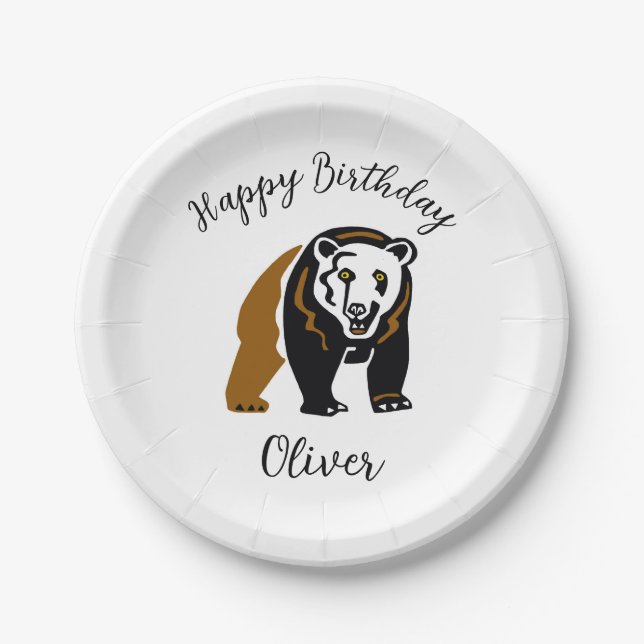 Plato De Papel Animales silvestres - Oso GRIZADO - Birthda feliz  (Anverso)