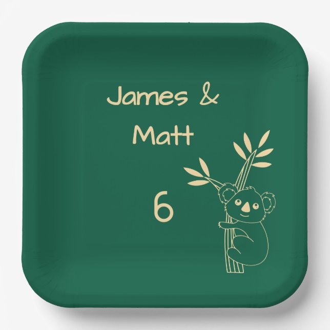Plato De Papel Animales verdes australianos gemelos cumpleaños nú (Anverso)