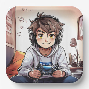 Plato De Papel Anime Boy Jugando Videojuegos Fiesta de Cumpleaños
