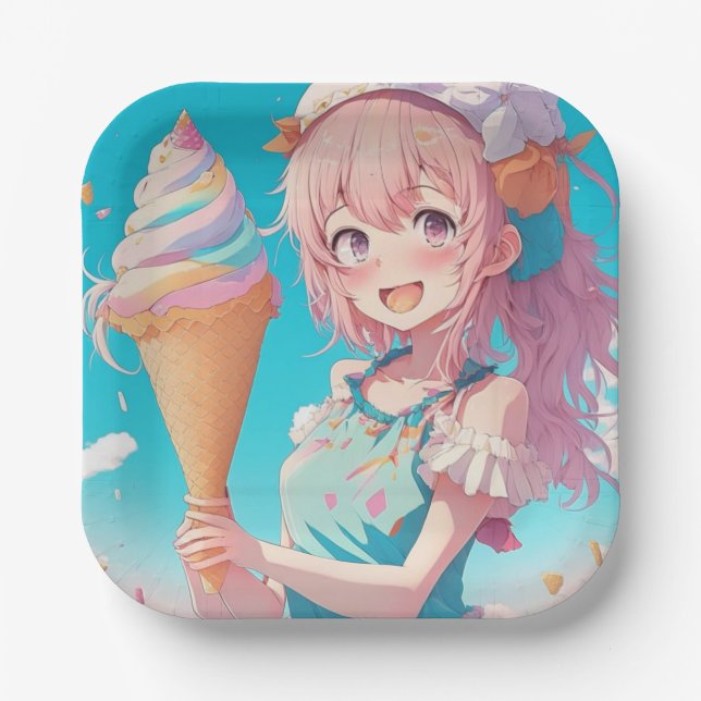 Plato De Papel Anime Chica con un caprichoso helado (Anverso)