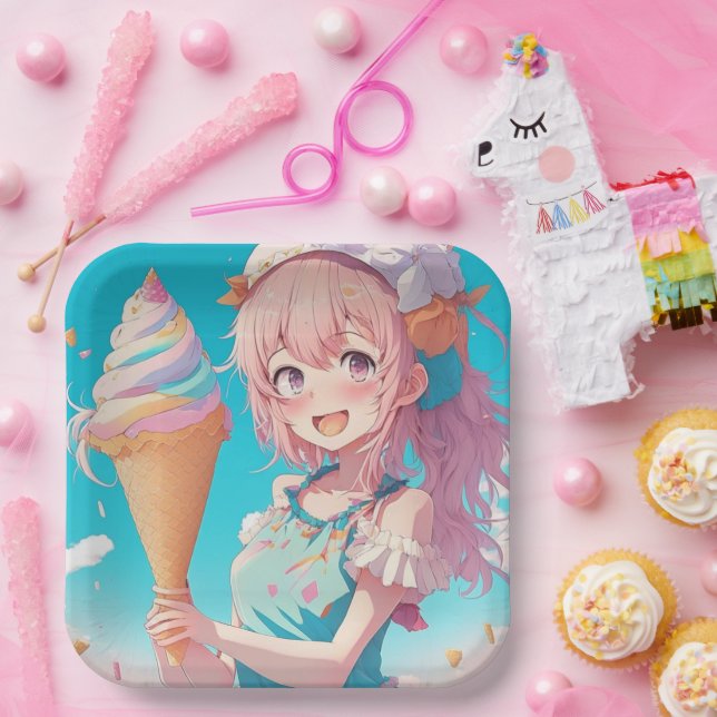 Plato De Papel Anime Chica con un caprichoso helado (Fiesta)