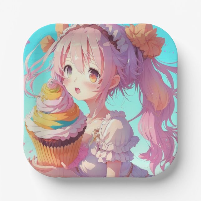 Plato De Papel Anime Chica con una deliciosa tarta Cumpleaños (Anverso)