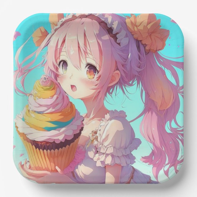 Plato De Papel Anime Chica con una deliciosa tarta Cumpleaños (Anverso)