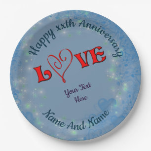 Plato De Papel Aniversario Amor Corazón Rojo Personalizado