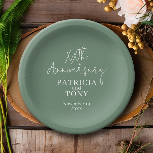 Plato De Papel Aniversario boda Sage personalizado verde moderno (Personalized Wedding Anniversary Party Plates)