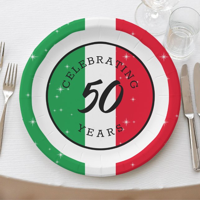 Plato De Papel Aniversario de aniversario de Italia de la bandera (italy italian flag 50th birthday paper plates)
