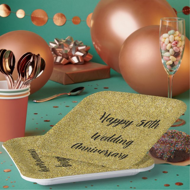 Plato De Papel Aniversario de bodas de 50 años con manchas de oro (Multi)