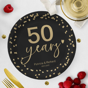 Plato De Papel Aniversario de bodas de 50 años negro y dorado
