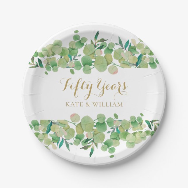 Plato De Papel Aniversario de bodas de oro Eucalyptus Greenery 50 (Anverso)