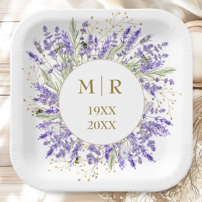 Plato De Papel Aniversario de Bodas de Oro Lavanda Floral (Subido por el creador)