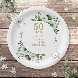 Plato De Papel Aniversario de bodas de oro moderno con vegetación