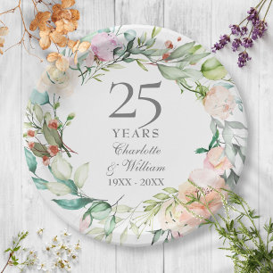 Plato De Papel Aniversario de Bodas de Plata 25º Floral Acuarela