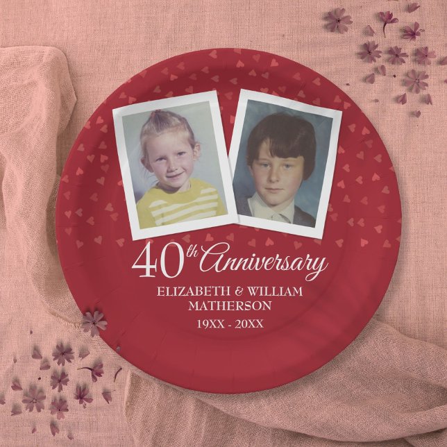 Plato De Papel Aniversario de bodas de rubí número 40 2 fotos (Ruby 40th Wedding Anniversary 2 Photo Paper Plates)