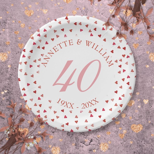 Plato De Papel Aniversario de bodas de rubí número 40 con confeti (40th Wedding Anniversary Ruby Hearts Confetti Paper Plates)