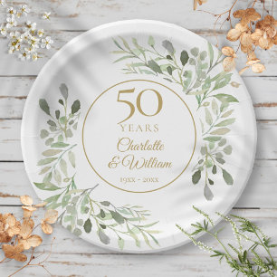 Plato De Papel Aniversario de bodas número 50 acuarela verde