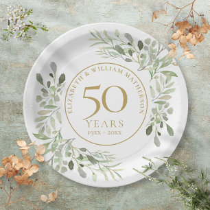 Plato De Papel Aniversario de bodas número 50 Acuarela Verde
