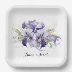 Plato De Papel Aniversario de la acuarela Purple Iris Bouquet