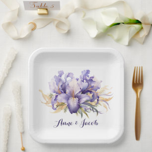Plato De Papel Aniversario de la acuarela Purple Iris Bouquet