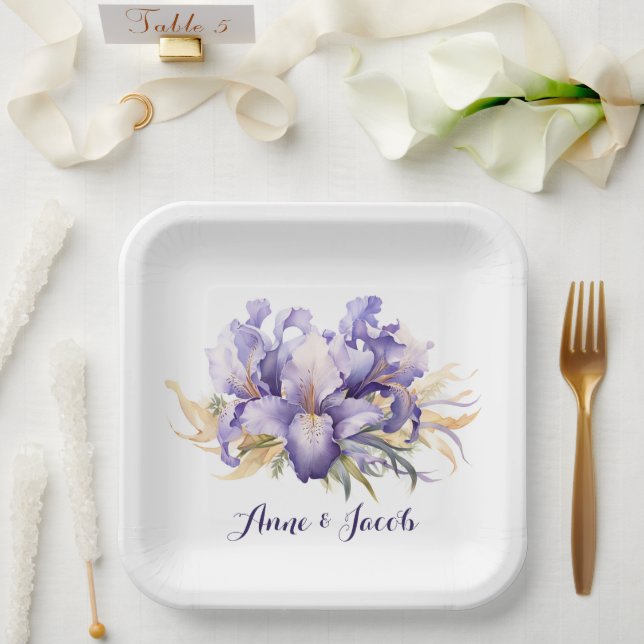 Plato De Papel Aniversario de la acuarela Purple Iris Bouquet (Boda)