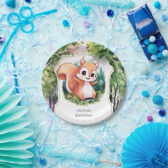 Plato De Papel Aniversario de la ardilla simple de Woodland (Fiesta)